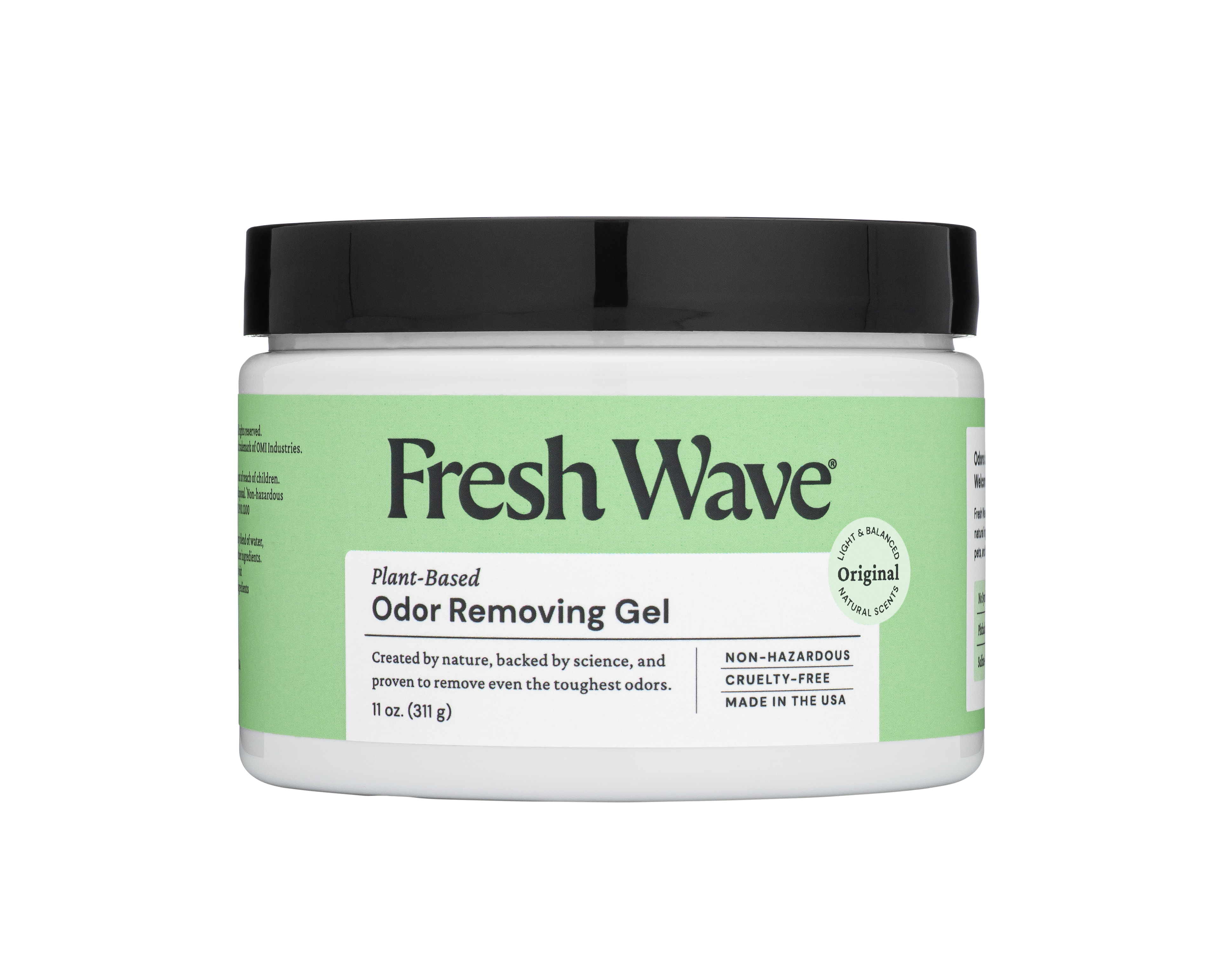 An 11 oz (311 g) jar of Fresh Wave Odor Removing Gel in white and green offers continuous odor control with natural plant oils. The label emphasizes its non-hazardous, cruelty-free nature, made in the USA.