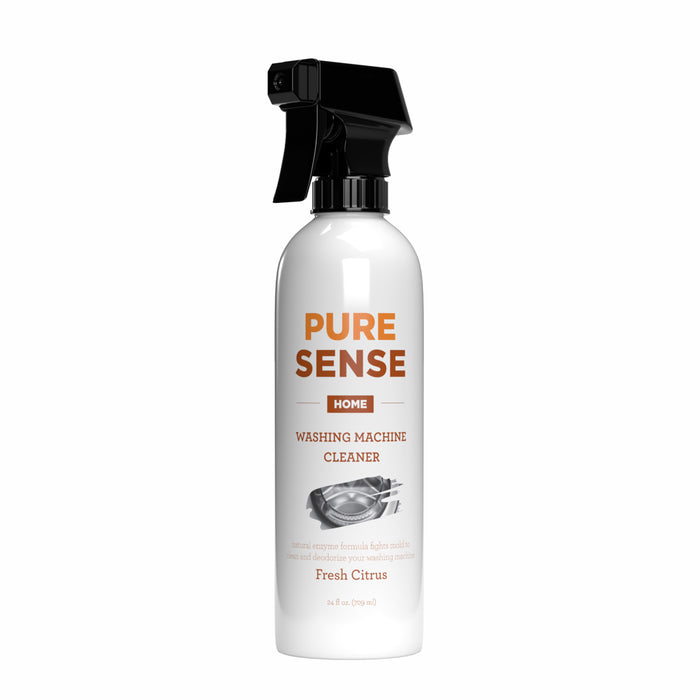 A white spray bottle labeled PURE SENSE HOME Washing Machine Cleaner with a picture of a washing machine drum. The scent is Fresh Citrus. The bottle has a black spray nozzle.