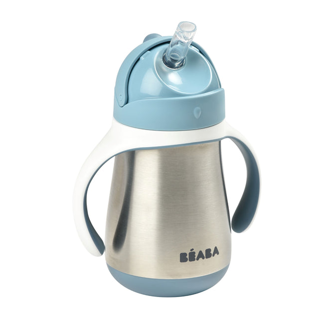The BEABA Stainless Steel Straw Sippy Cup in blue and silver includes two white handles and a silicone straw, acting as a 2-in-1 training bottle and sippy cup.
