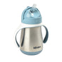 The BEABA Stainless Steel Straw Sippy Cup in blue and silver includes two white handles and a silicone straw, acting as a 2-in-1 training bottle and sippy cup.