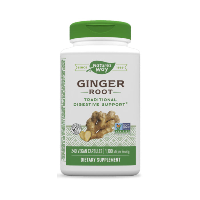 Natures Way Ginger Root provides Traditional Digestive Support in a white and green bottle with 240 vegan capsules, each serving contains 1,100 mg. The label displays the Non-GMO Project Verified logo and is Gluten-Free.