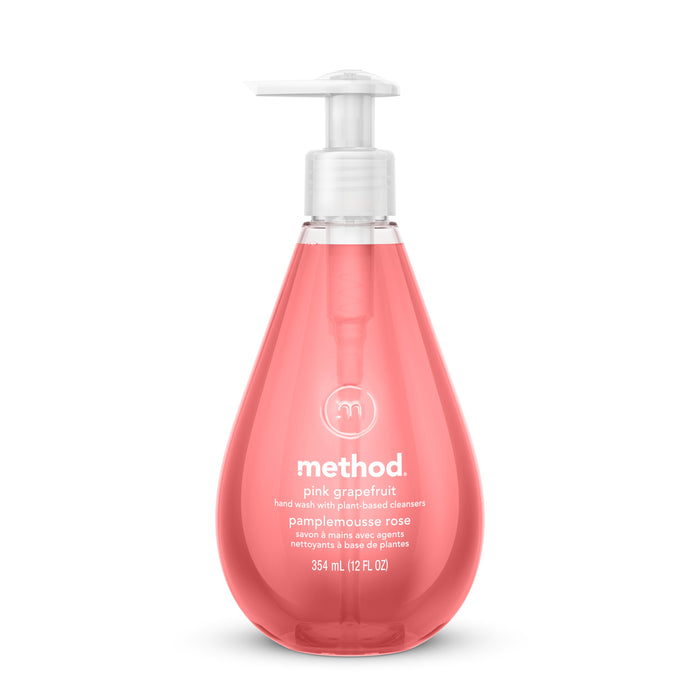 The Gel Hand Soap Starter Set - Pink Grapefruit by method features a clear teardrop pump bottle with vibrant pink gel and a fresh, zesty scent—ideal for daily use or as a refill for your favorite dispenser.