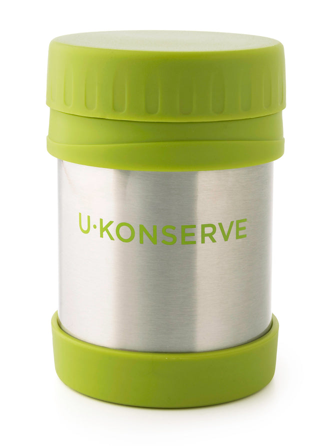 The U-Konserve Insulated Food Jar, featuring a stainless steel body with a green silicone lid and base, is sleek and eco-friendly, ideal for sustainable living.