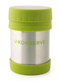 The U-Konserve Insulated Food Jar, featuring a stainless steel body with a green silicone lid and base, is sleek and eco-friendly, ideal for sustainable living.