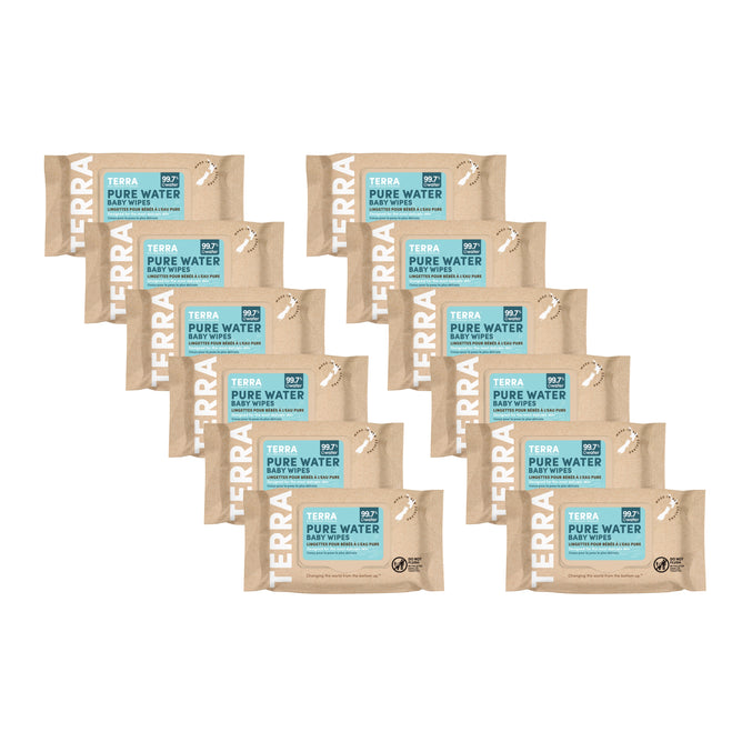 Ten brown packets labeled Terra Baby Wipes are arranged in a grid. Each packet has a blue label with white text, an illustration of a water droplet, and highlights the use of Pure New Zealand Water. Made from bamboo fiber, they are eco-friendly with visible recycling symbols.