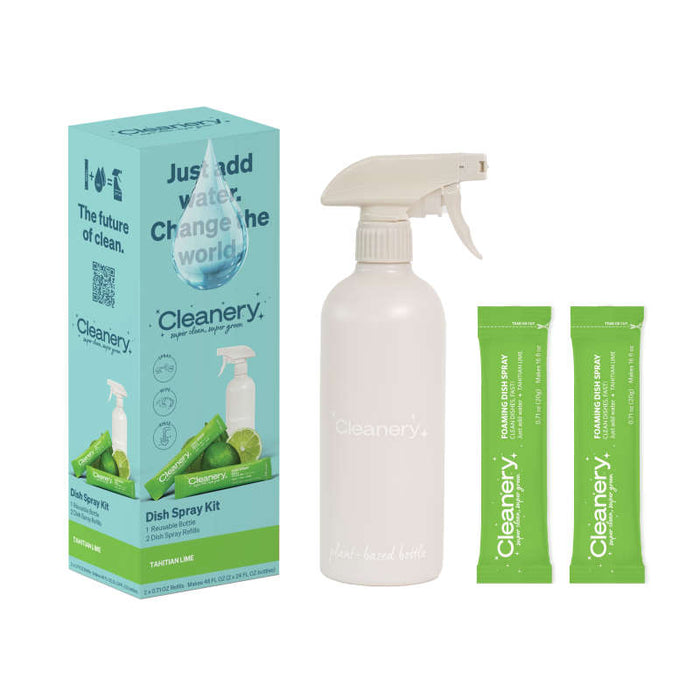 Displayed is a Cleanery Dish Spray Starter Kit, including a reusable bottle and two green dishwashing liquid refills. The light green packaging on the left highlights product details and lime illustrations.