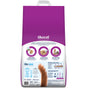 Back of a purple and white bag of okocat Low Tracking Clumping Wood Cat Litter, highlighting odor control, strong clumping, 99% dust-free natural wood info, with an orange cat tail at the bottom plus visible text and product images.