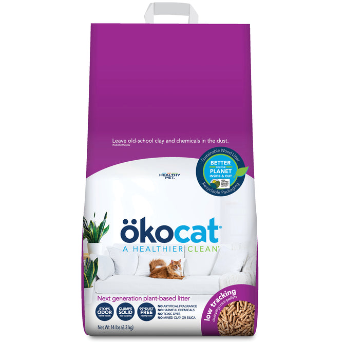 A bag of okocat Low Tracking Clumping Wood Cat Litter with a purple and white design, logo, cat on a bed, and text promoting it as low-tracking, healthier for cats, and eco-friendly.