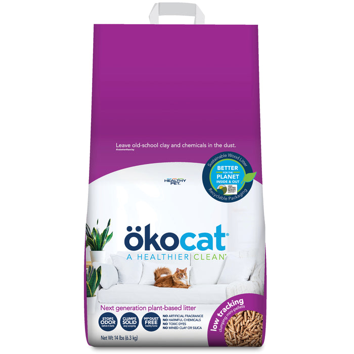 A bag of okocat Low Tracking Clumping Wood Cat Litter with a purple and white design, logo, cat on a bed, and text promoting it as low-tracking, healthier for cats, and eco-friendly.