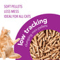 A fluffy orange cat sits beside text listing features of okocat Low Tracking Clumping Wood Cat Litter: soft wood pellets, less mess, ideal for all cats. A circular cutout shows brown clumping mini-pellets labeled low tracking.