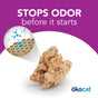 A piece of okocat Low Tracking Clumping Wood Cat Litter is shown with a closeup demonstrating its odor-trapping ability, next to the text “Stops odor before it starts” on a purple background.