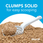 A white scoop holds a clump of Original Clumping Wood Cat Litter above a pile of the same litter. Text reads, CLUMPS SOLID for easy scooping. The okocat brand name appears in the lower right corner.