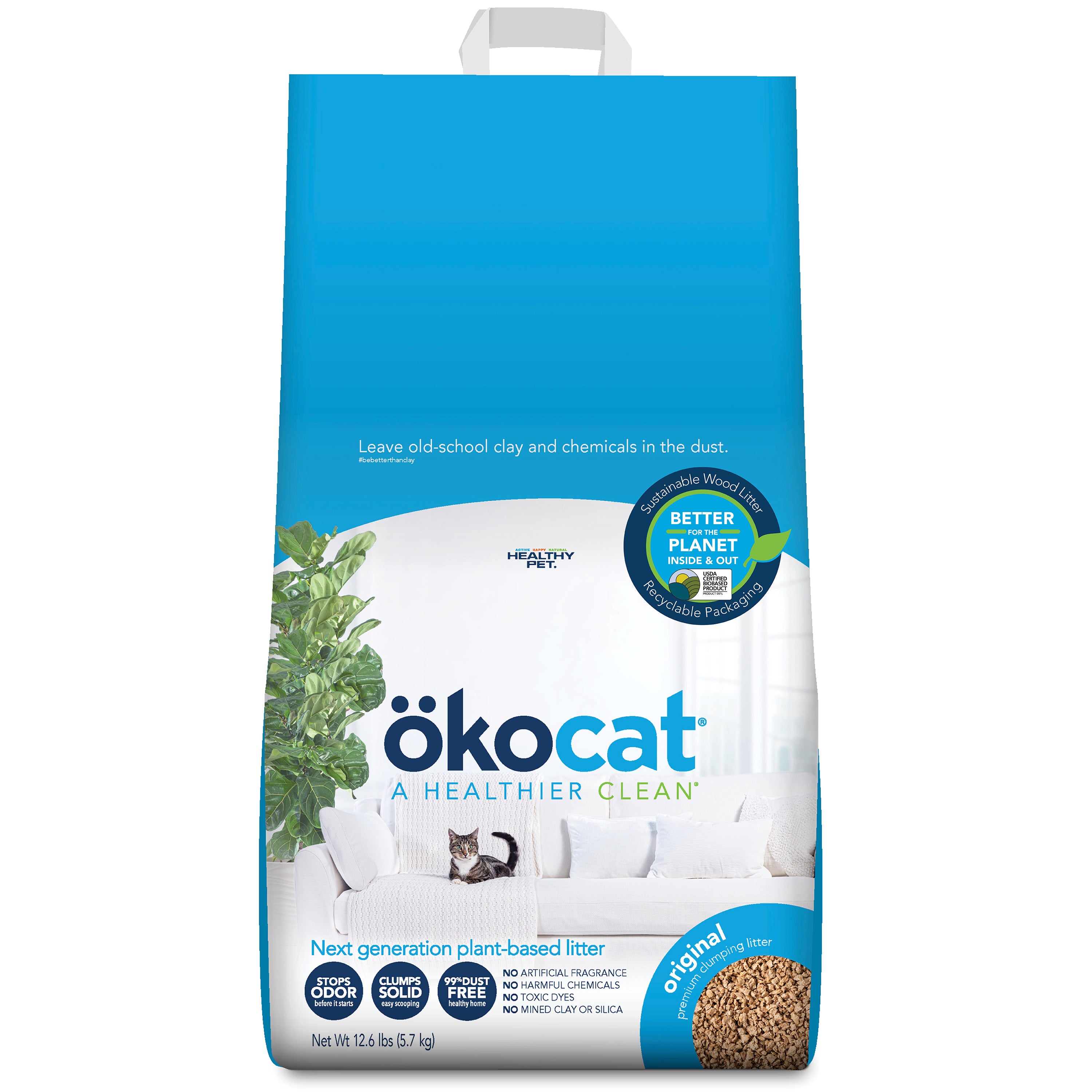 A blue and white bag of okocat Original Clumping Wood Cat Litter shows a cat lounging on white, green plant leaves nearby, and highlights key benefits: odor control, low dust, natural clumping—cat litter for a Better Planet.