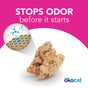 An image of okocat Super Soft Clumping Wood Cat Litter features a graphic showing powerful odor control. Text above states, “STOPS ODOR before it starts,” with the okocat logo in the lower right on a white and pink background.