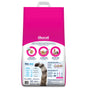 A pink and white bag of okocat Super Soft Clumping Wood Cat Litter, made from natural wood fiber, features images of cats and litter on the back, listed product benefits, and a cat’s fluffy tail visible at the bottom.