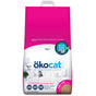 A pink and white bag of okocat Super Soft Clumping Wood Cat Litter offers odor control, no artificial fragrance, and sustainable natural wood fiber, with a blue “Better Planet Made with Renewable Wood” seal.