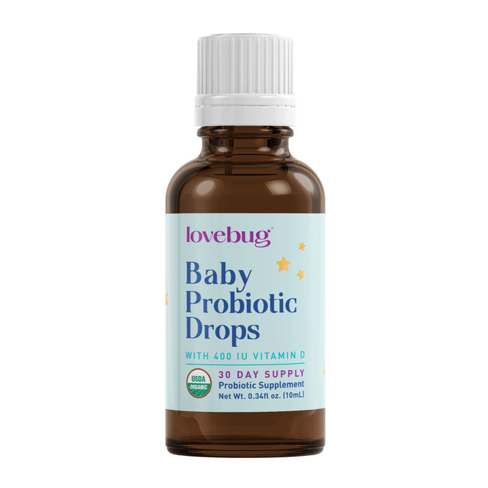 A brown bottle labeled lovebug Baby Probiotic Drops with 400 IU Vitamin D, showing its USDA organic, a probiotic supplement, and provides a 30-day supply (0.34 fl oz/10 ml). The bottle has a white cap.