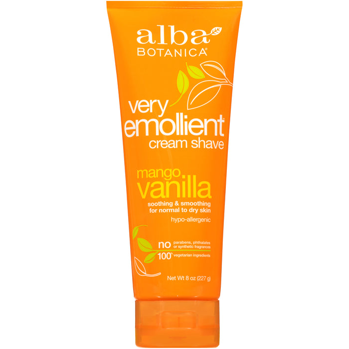 An orange tube of Alba Botanica Very Emollient Cream Shave in Mango Vanilla scent, labeled for soothing and smoothing normal to dry skin; hypo-allergenic and free from parabens, phthalates, and synthetic fragrances.
