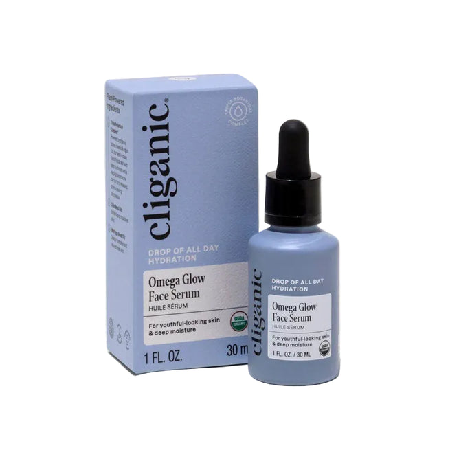 A blue box and dropper bottle labeled Cliganic Organic Omega Glow Face Serum, 1 fl. oz.—a hydrating organic serum formulated to promote hydration and youthful-looking skin—are displayed against a white background.
