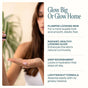 A woman dispenses Cliganic Organic Omega Glow Face Serum from a dropper onto her hand. On-screen text highlights its benefits: plumper-looking skin, a radiant glow, deep nourishment, and a lightweight formula that absorbs easily with no residue.
