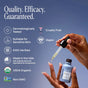 A hand holds a blue bottle of Cliganic Organic Omega Glow Face Serum while another hand dispenses the serum with a dropper. On-screen text highlights that the product is cruelty-free, vegan, non-GMO, USDA Organic, EWG Verified, suitable for sensitive skin, dermatologically tested, and made in the USA. This organic face serum provides deep hydration and serves as an effective anti-aging solution for visibly healthier skin.
