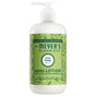A white pump bottle of Mrs. Meyer’s Hand Lotion in Iowa Pine with a green label featuring evergreen branch illustrations.