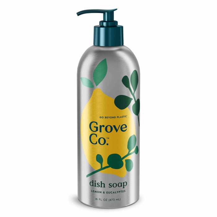A silver pump bottle of Grove Co. dish soap with a lemon and eucalyptus design on the label. The bottle text reads Go Beyond Plastic, Grove Co., and dish soap lemon & eucalyptus, 16 fl oz (473 mL).