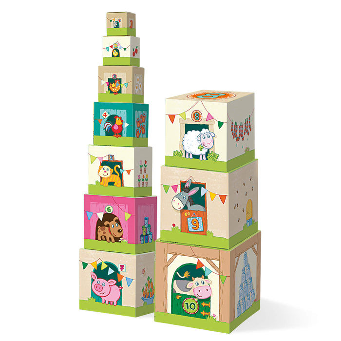 Two stacks of HABA Stacking & Nesting Cubes - On the Farm, 12+ Months, decorated with numbers one through ten.