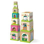 Two stacks of HABA Stacking & Nesting Cubes - On the Farm, 12+ Months, decorated with numbers one through ten.