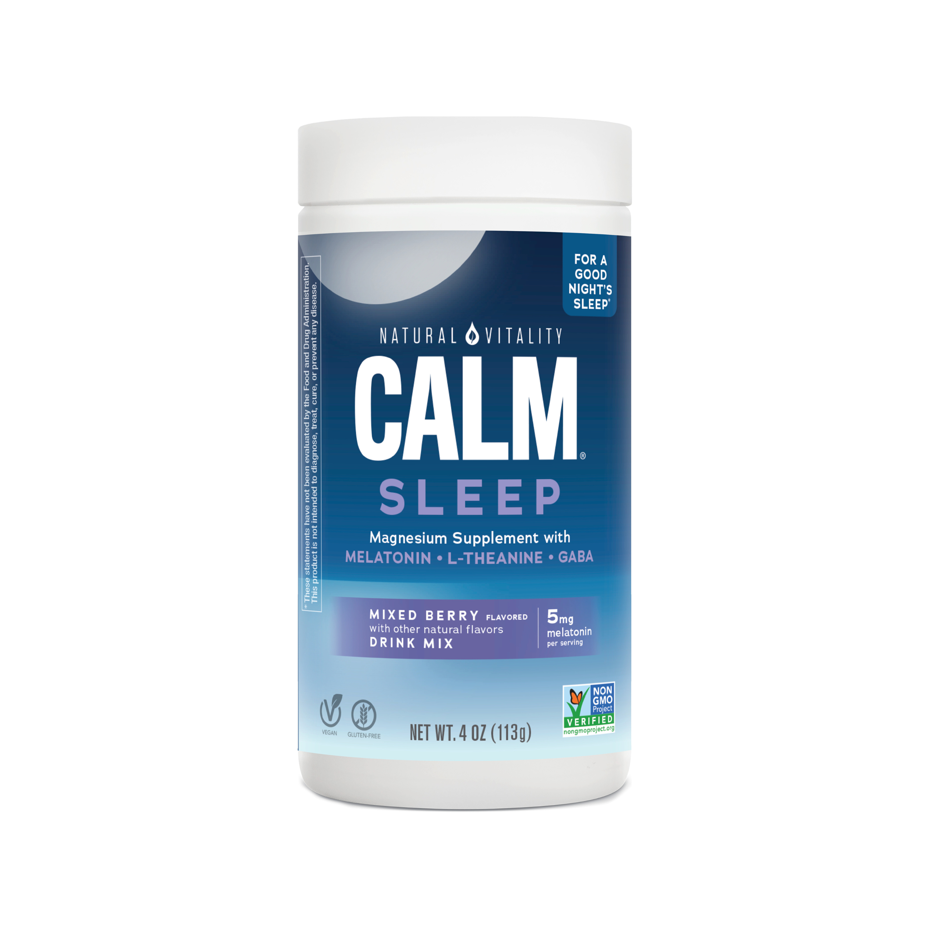 Natural Vitalitys CALM SLEEP Magnesium Supplement Drink Mix is a 4 oz (113g) Mixed Berry sleep aid featuring magnesium, melatonin, L-theanine, and GABA. Non-GMO Project Verified for balanced rest support.