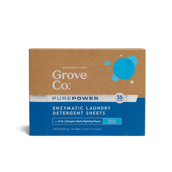 Grove Co.s PurePower Enzymatic Laundry Detergent Sheets are packaged for 35 loads in a brown box with blue accents, highlighting their free and clear formula and dual enzyme stain-fighting power, providing an eco-friendly alternative that reduces plastic waste.