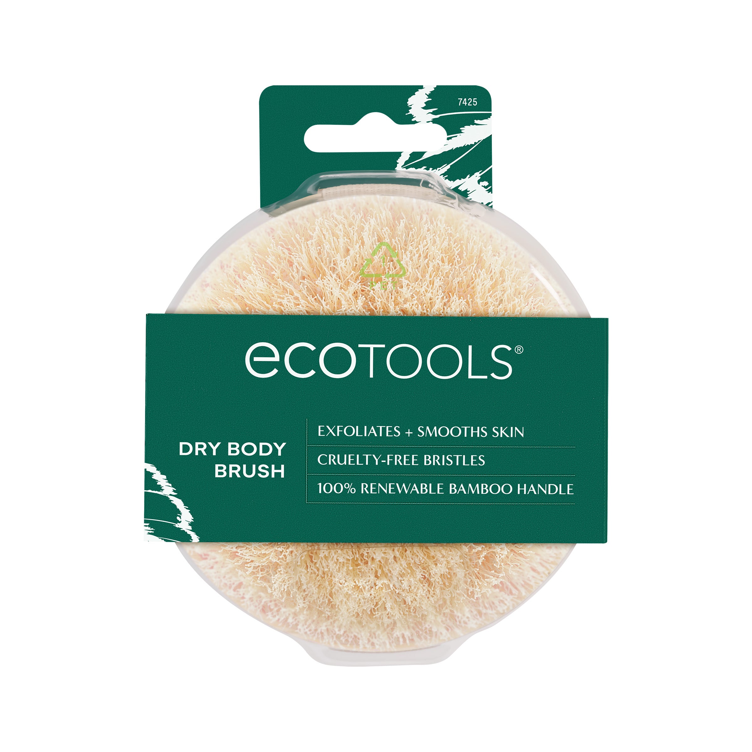 The EcoTools Dry Body Brush, featuring tan bristles and a handle made from 100% renewable bamboo, is packaged with a green label. It boasts exfoliates + smooths skin, cruelty-free bristles, and is ideal for those wanting sustainable materials.