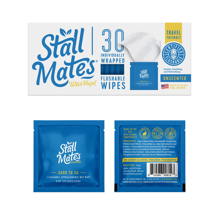 Packaging for Stall Mates flushable wipes with witch hazel. The box shows 30 individually wrapped unscented wipes, and two blue single-use wipe packets are displayed below with product info and branding.
