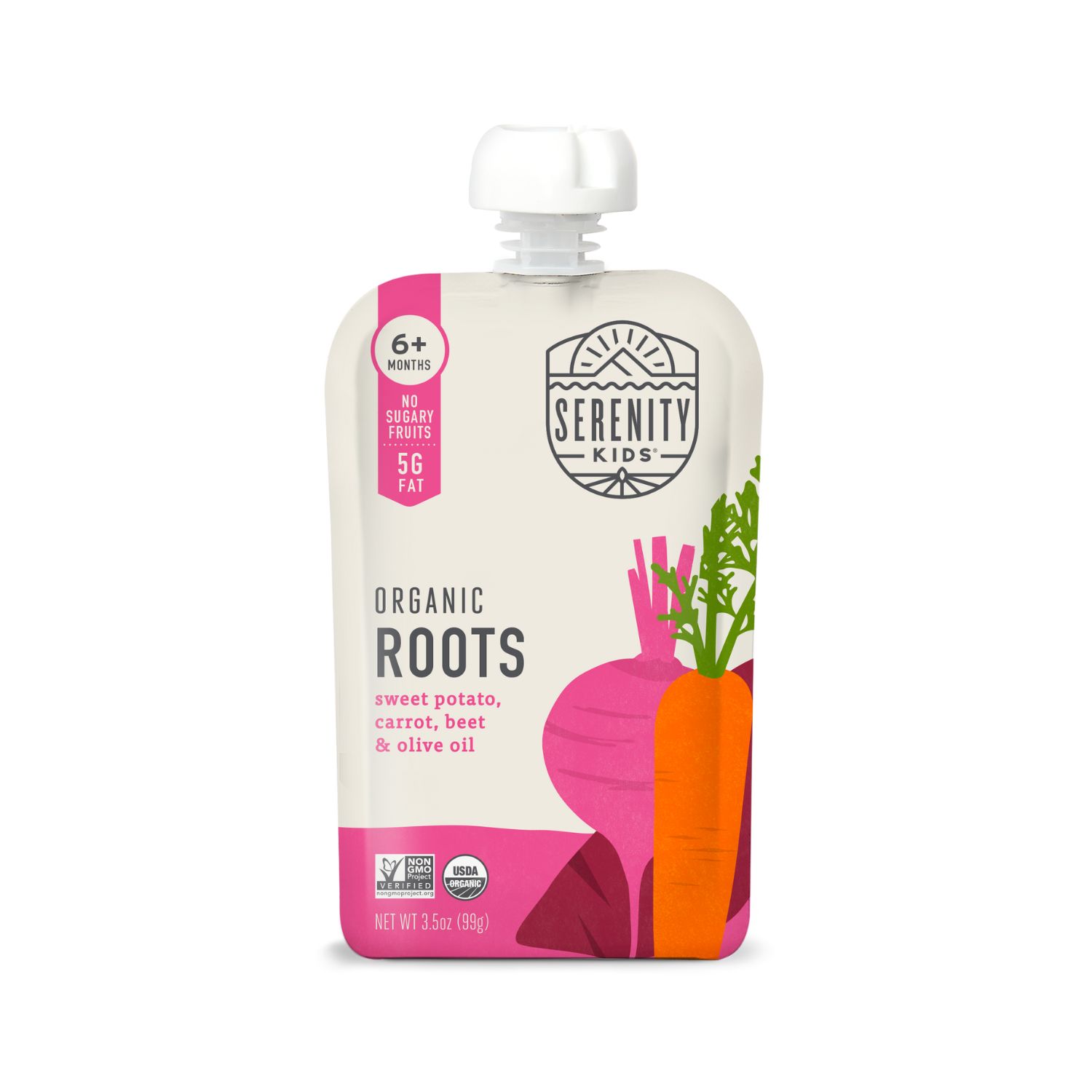The Serenity Kids Organic Roots with Olive Oil baby food pouch contains a nourishing puree of sweet potato, carrot, beet, and olive oil. Suitable for 6+ months, its USDA Organic and Certified Paleo. The low-sugar product comes in white packaging with charming ingredient illustrations.