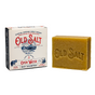 A box labeled Old Salt Hair/Beard Shampoo stands beside a rectangular embossed shampoo bar. The packaging has nautical graphics and states it’s for hair and beards.
