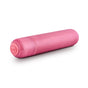 A pink, smooth, cylindrical Eco Bullet from Blush Gaia has a rounded end and a button inscribed with blush, highlighting its function as an eco-friendly sex toy.