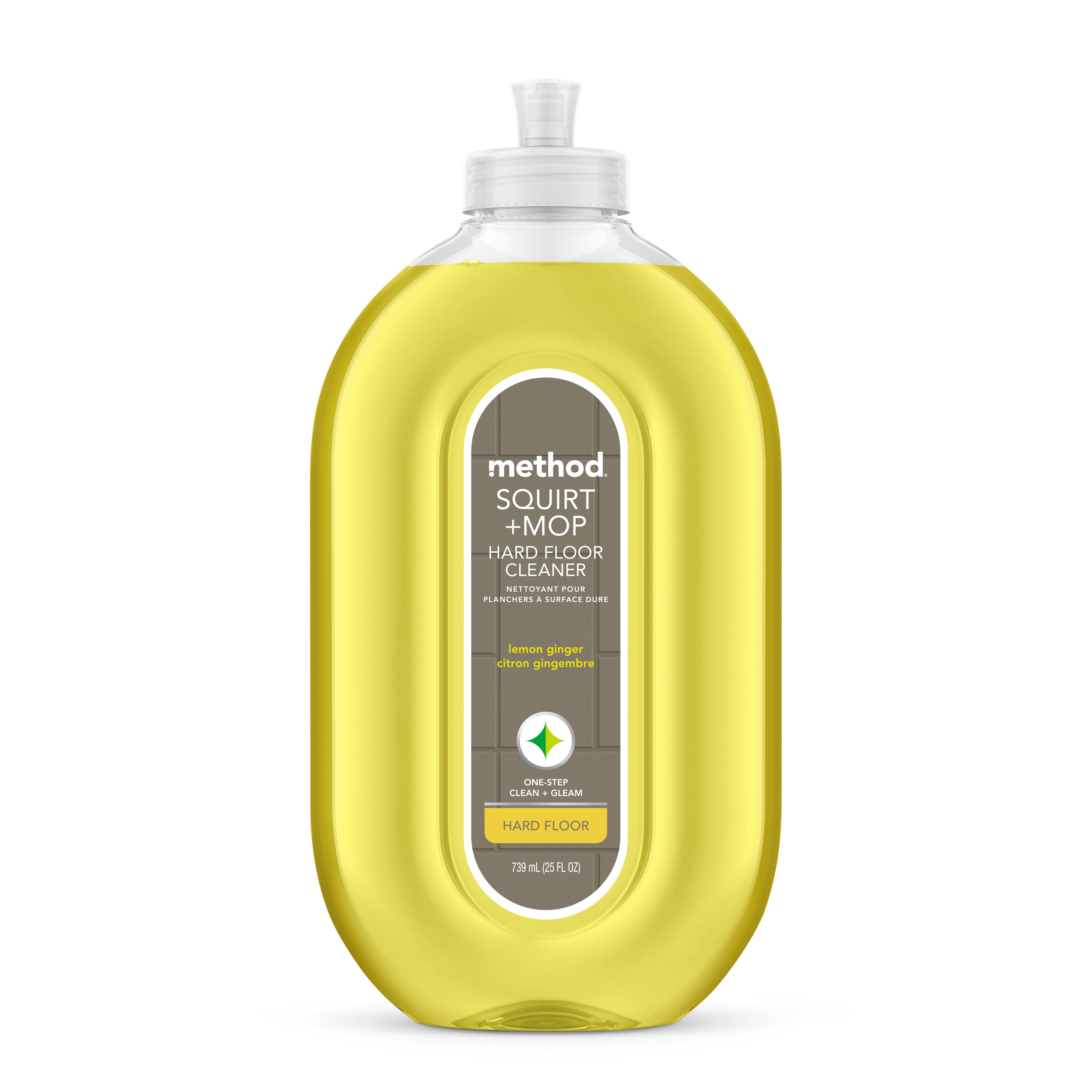 A clear bottle of method Squirt & Mop Hard Floor Cleaner with lemon ginger scent, containing yellow liquid and a gray label with green and white text. The flip-top cap cleaner is Leaping Bunny–certified and ideal for no-wax floors.