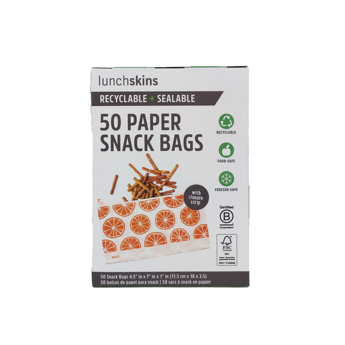 Lunchskins Paper Snack Bags - Orange are recyclable, sealable, food-safe bags with an orange slice design, ideal for food storage or freezer use. Comes in a box of 50.