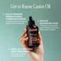A hand holds a bottle of Cliganic Organic Castor Oil against a light blue background. Text highlights its cold-pressed origin, high ricinoleic acid content, and multi-use benefits as a natural hair treatment—ideal for fuller lashes and brows or as part of an eyelash kit.