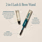 The Cliganic Organic Castor Oil Eyelash Kit is a 2-in-1 Lash & Brow Wand featuring two tubes and a brush applicator, designed with a refillable system for easy application to both lashes and brows. Infused with cold-pressed, organic castor oil, it conditions, shapes, and nourishes for a fuller appearance. Clear product swatches and water drops are displayed.
