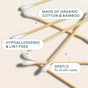 Cliganic Organic Cotton Swabs with bamboo handles are shown arranged on a light surface. Made from organic cotton and sustainable bamboo, these eco-friendly swabs are hypoallergenic, lint-free, and gentle for all skin types.