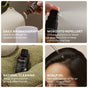 Four labeled images: adding Cliganic Organic Eucalyptus Essential Oil – Moment of Clarity to a diffuser, spraying the oil as a natural mosquito repellent, placing the bottle on a towel for cleaning purposes, and applying it to the scalp as a nourishing scalp oil—each demonstrating a unique way to use this versatile essential oil.