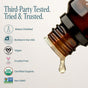 A close-up of Cliganic’s Organic Lemongrass Essential Oil – Drop of Purification shows a brown glass bottle with a dropper releasing a pure drop of oil. Text highlights that this essential oil is third-party tested, steam distilled, bottled in the USA, vegan, cruelty-free, organic, and non-GMO—making it an ideal natural mosquito repellent.