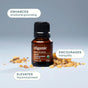A bottle of Cliganic Organic Frankincense Essential Oil – Sense of Peace rests among pieces of resin. Text bubbles read: Promotes emotional grounding, Fosters tranquility, and Uplifts the environment with its grounding aroma.