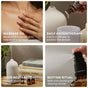 Four images display uses for Cliganic Organic Frankincense Essential Oil – Sense of Peace: massaging the oil onto skin, adding essential oil drops to a diffuser, enjoying the grounding aroma mist from a diffuser placed near books, and misting bedding with a spray bottle. Each use includes brief instructions.