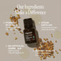 A bottle of Cliganic Organic Frankincense Essential Oil – Sense of Peace stands amidst frankincense resin. Four text bubbles showcase its plant-derived origin, steam-distilled extraction, absence of artificial chemicals, and third-party tested high quality. Enjoy the grounding aroma in every drop of this organic essential oil.