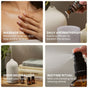 Four images demonstrate ways to use Cliganic’s Organic Lavender Essential Oil – Drop of Serenity: massaging onto skin, adding drops to a diffuser, neutralizing odors by diffusing, and spraying onto bedding for relaxation. Each image features a bottle of the product, descriptive text, and related items.