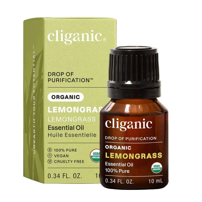 A bottle of Cliganic’s Organic Lemongrass Essential Oil – Drop of Purification (10 ml) is displayed in front of its packaging. The label emphasizes that this essential oil is 100% pure, vegan, cruelty-free, and USDA organic certified. Well known for its natural mosquito-repellent properties, this lemongrass oil provides a refreshing aroma and valuable benefits for your home.