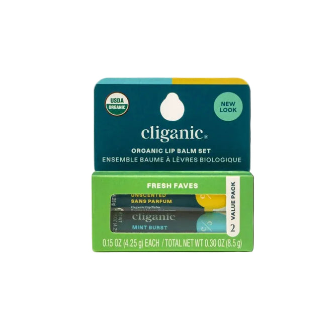 The Cliganic Organic Lip Balm Duo Set - Fresh Faves features green packaging showcasing the USDA Organic seal and a cruelty-free commitment, and includes two lip balms—one unscented and one Mint Burst.