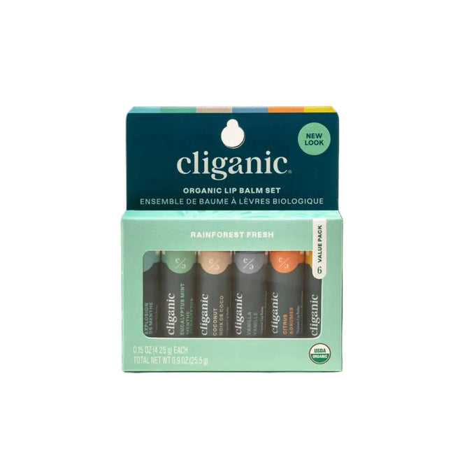 Five Cliganic Organic Lip Balm Set - Rainforest Fresh balms in assorted flavors are displayed in a green, windowed box. The packaging highlights the USDA organic certification and convenient multi-pack format, making it an ideal choice for anyone seeking natural lip balm enriched with essential oils.